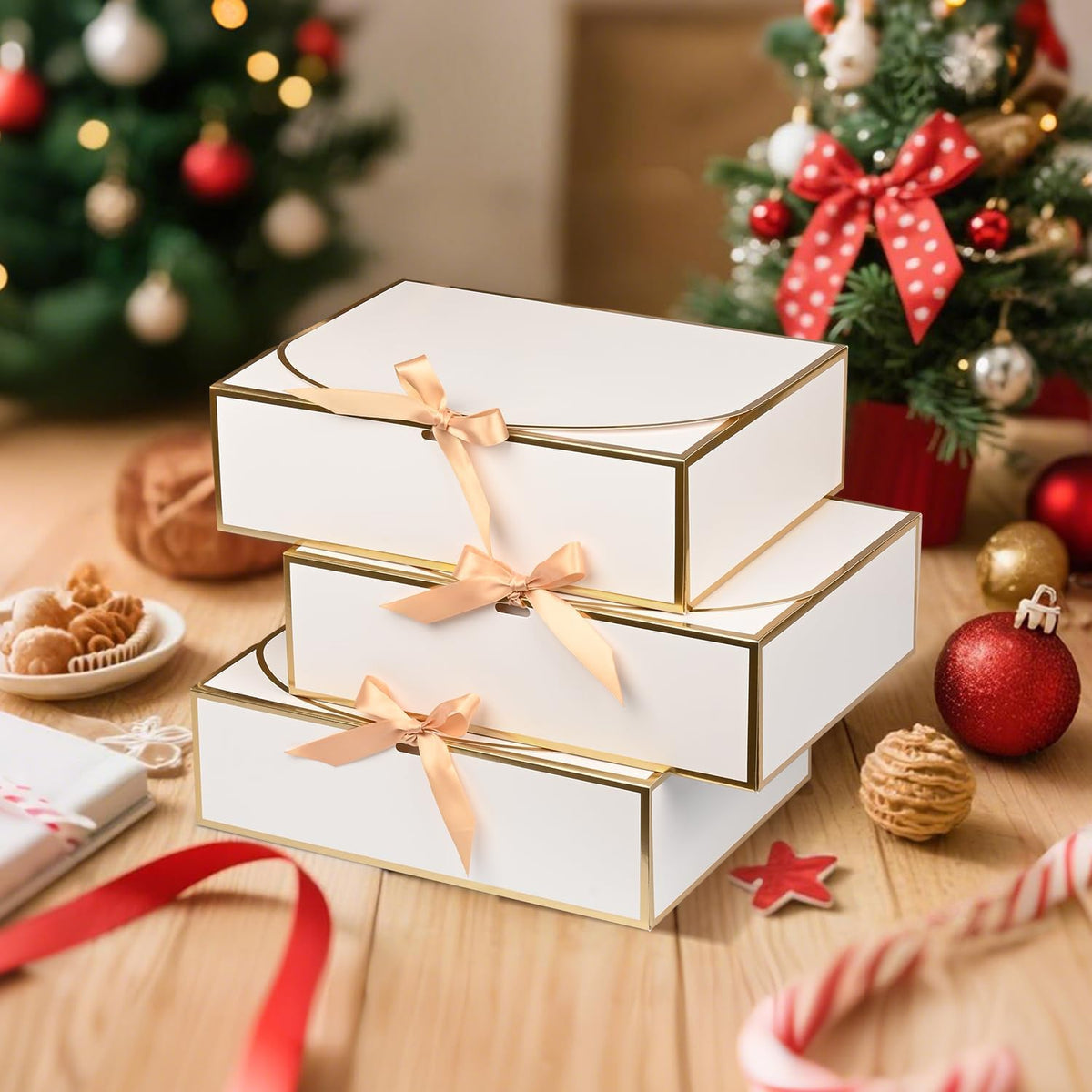 WLUSEAXI Gift Boxes with Lids, 10 Pack, White with Gold Accents