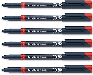 Schneider Topball 811 Rollerball Pen 0.5mm Refillable, Red Ink Pack of 6 | Refillable, 92% Recycled Plastic, Smooth 0.5mm Writing, Home, Work & Office Use