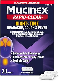 Mucinex Rapid+Clear Nighttime Cold and Flu Medicine for Adults, Maximum Strength Cold Medicine for Cough, Fever, Pain, Headache, & Runny Nose Relief, Rapid Release Caplets for Adults, 20 Count