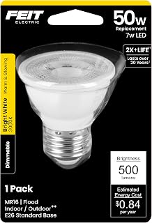 Feit Electric 7W LED MR16 Bulb, 50W Equivalent, DImmable, 500 Lumens, 3000K Bright White, E26 Base, Indoor/Outdoor, Reflector Light for Track Lighting, 25,000-Hour Lifetime, BPEXN/500/MED/LED