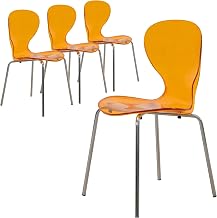 LeisureMod Oyster Dining Chair Set of 4 Stackable Curved Back and Waterfall Edge Seat Design with Stainless Steel Legs for Modern Home, Kitchen, and Office Chrome Base, Transparent Orange