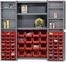 Global Industrial Deep Door Bin Cabinet, Includes 64 Red Plastic Bins