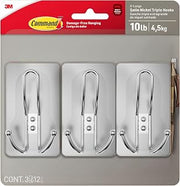Command 10 lb X-Large Satin Nickel Triple Hooks, 3 Hooks and 12 Strips, Damage-Free Hanging with Adhesive Strips, No Tools Wall Hook for Hanging Decorations in Living Spaces