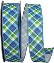 Reliant Ribbon Plaid Azure Wired Edge Ribbon, Blue/Green