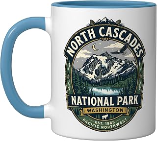 North Cascades National Park Washington Vintage Nature Badge Ceramic Mug, Blue/White