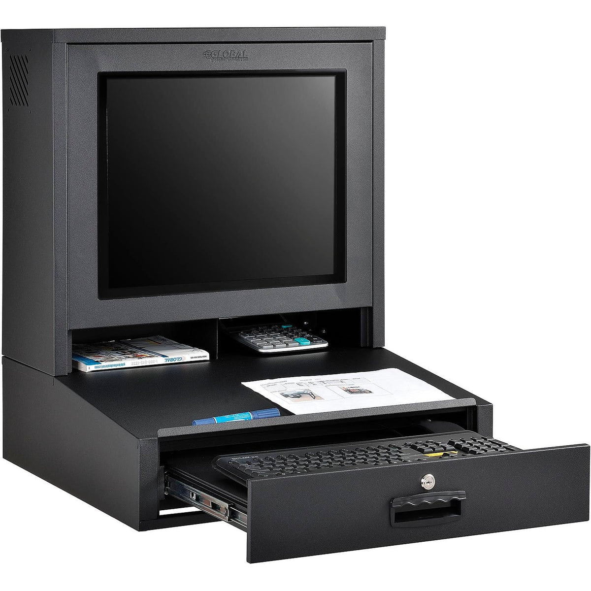 LCD Counter Top Security Computer Cabinet by Global Industrial – 24.5"W x 22.5"D x 29.5"H, Steel, Black, Model 239114BK