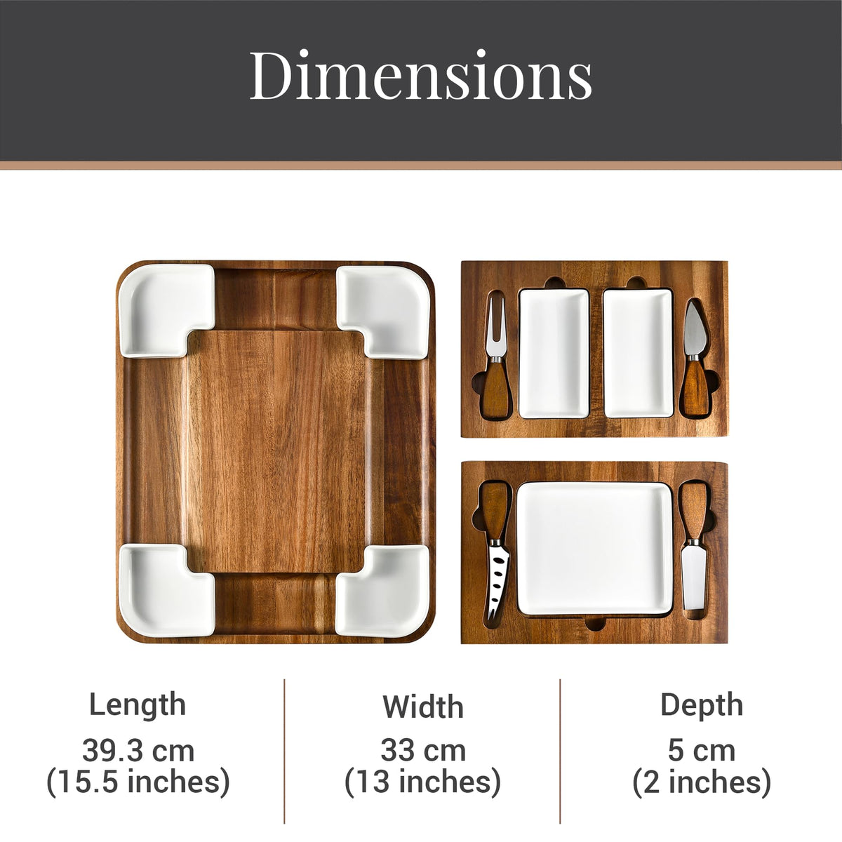 Shanik Acacia Cheese Board Set, Square Charcuterie Platter with Hidden Drawers, Brown