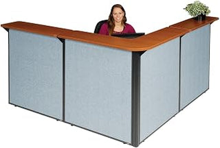 Global Industrial 80"W x 80"D x 44"H L-Shaped Reception Station, Cherry Counter/Blue Panel