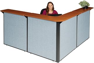 Global Industrial 80"W x 80"D x 44"H L-Shaped Reception Station, Cherry Counter/Blue Panel