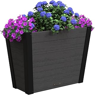 Mayne Horizon 30in Rectangular Trough Planter, Charcoal | All season, Fade resistant, Woodgrain finish, Built-in overflow, 10-year warranty