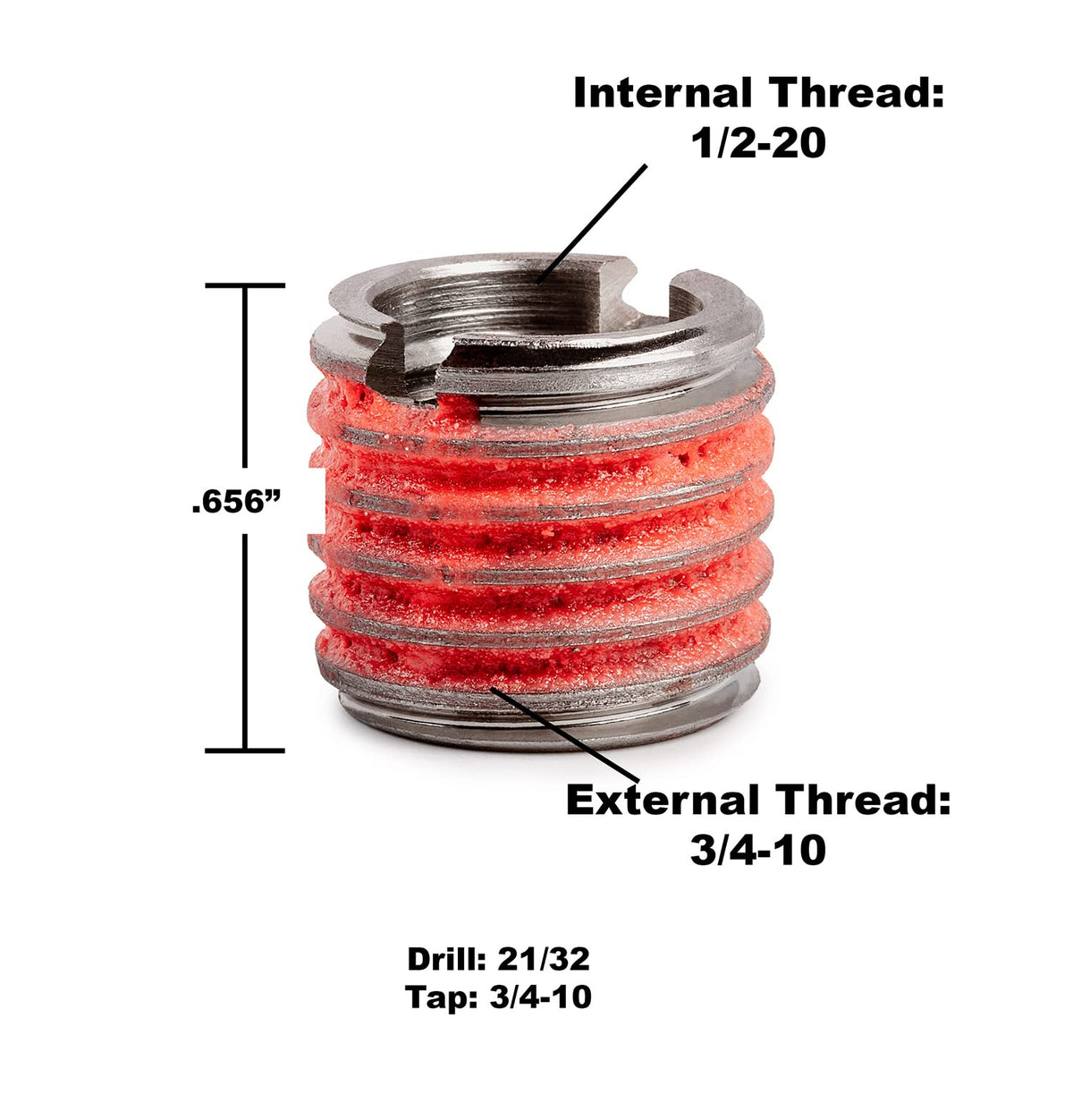 E-Z LOK 1/2"-20 IT, 3/4"-10 ET, 0.656" L / Pack of 5 / Red Thread Locking Inserts