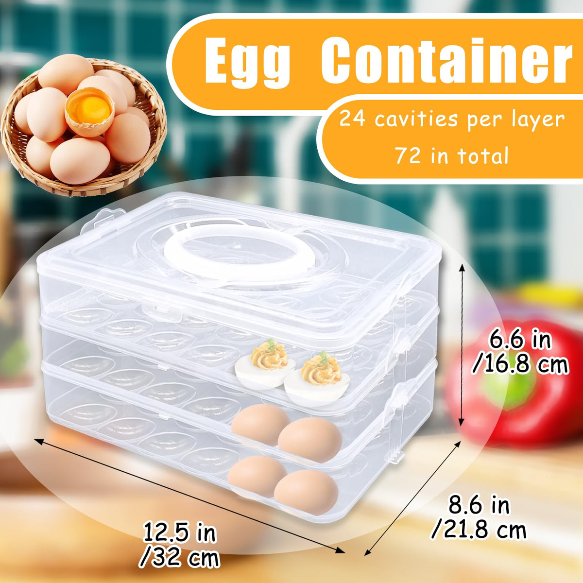 Jgalnim 3 Layer Egg Tray with Lid, Holds 72 Eggs, Clear Plastic