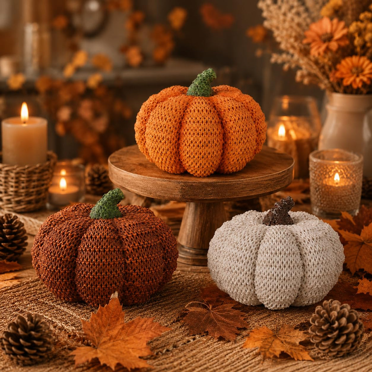 Meetyamor Resin Pumpkin Set, Knit Texture, White Orange Brown