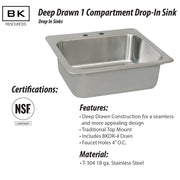 BK Resources NSF Commercial One Compartment Drop in Sink – Stainless Steel, Silver, Model DDI-2016824