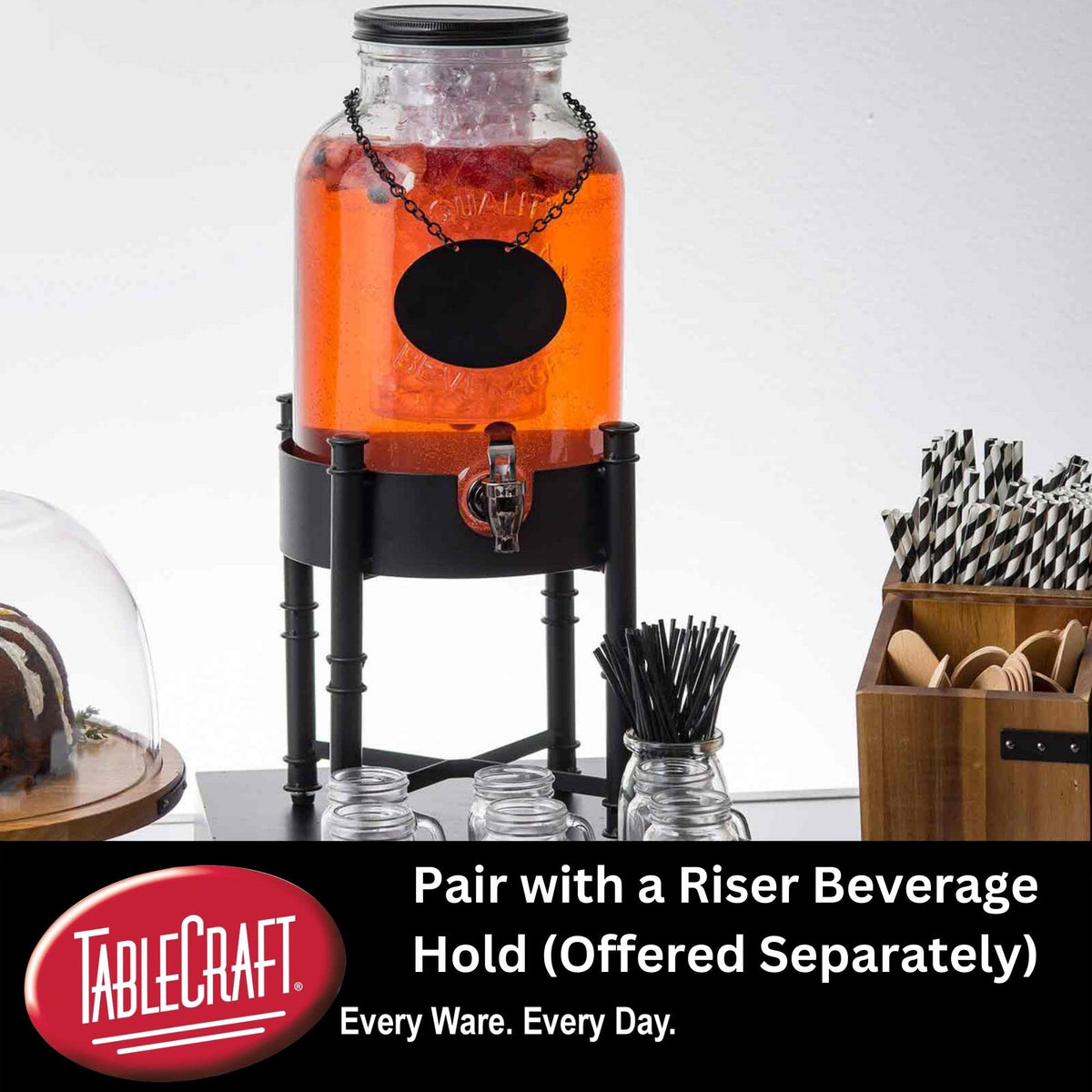 Industrial Collection Glass Beverage Dispenser by Tablecraft – 2.0 gallons, Wood, Clear, Model 10090