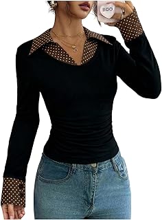Women's Polka Dots Collared Shirt Long Sleeve Layered Tee Tops