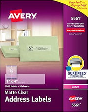 Avery Matte Clear Address Labels, Sure Feed® Technology, Laser, 1" x 4", 1,000 Labels, 5 Packs (5661)