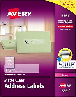 Avery Matte Clear Address Labels, Sure Feed® Technology, Laser, 1" x 4", 1,000 Labels, 5 Packs (5661)