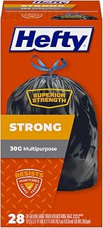Hefty Strong 30 Gallon Trash Bags with Drawstrings, Black, Unscented, 28ct