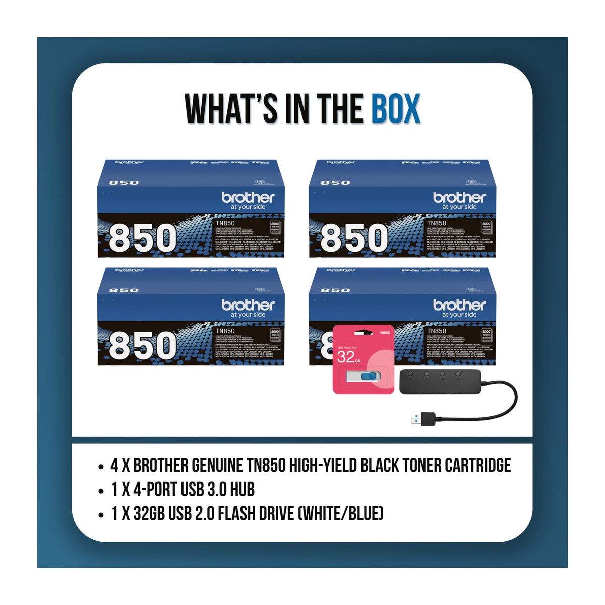 Genuine TN850 High-Yield Black Toner 4-Pack Bundle with Accessories by Brother – Medium, Black, Model ATN850