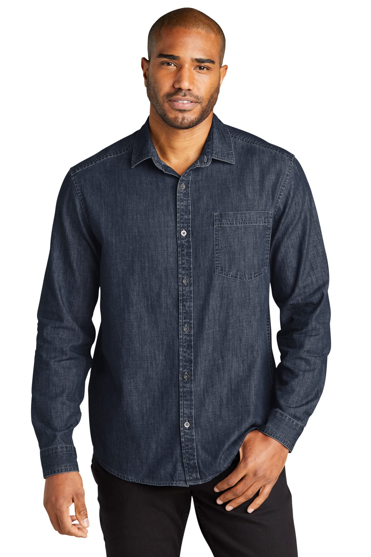 Men's Long Sleeve Perfect Denim Shirt by Port Authority – Metal, Dark Wash, Model W676