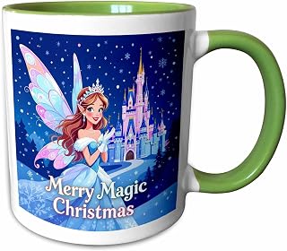 3dRose Merry Magic Christmas, fairy prince & castle 11oz Two-Tone Green Mug