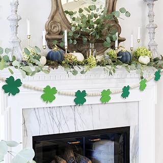 DAZONGE St. Patrick's Day Decorations, Wood Bead Shamrock Garland for St. Patrick's Day Decor, Lucky Felt Shamrock Garland for Mantel Wall Decor