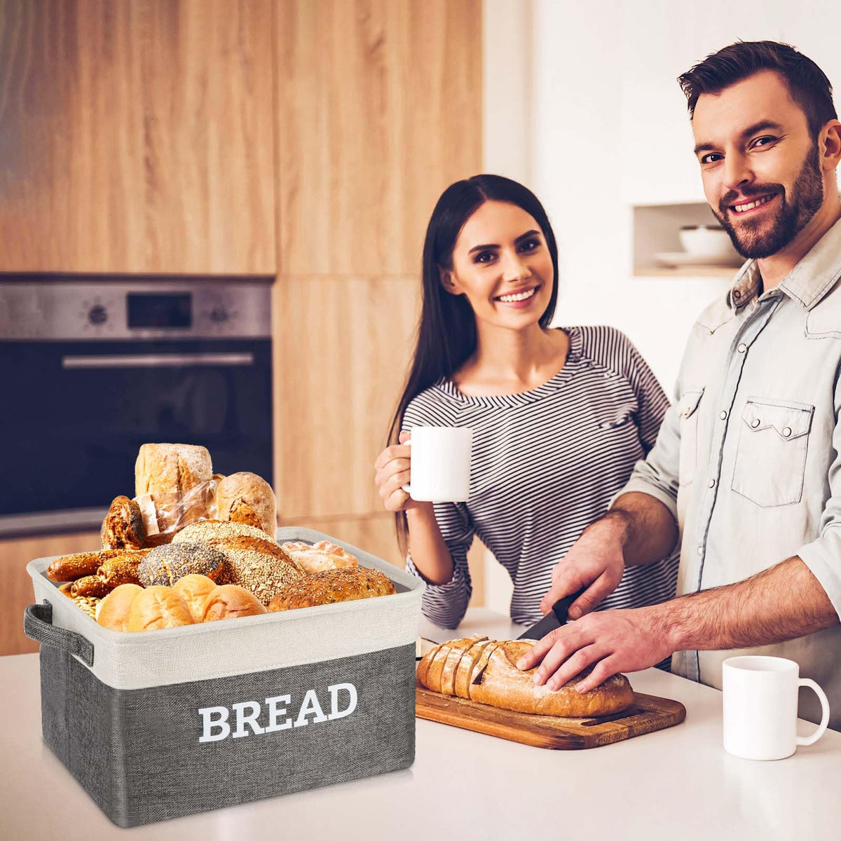 Lukeline Fabric Bread Basket, Foldable Linen Bin with Handles, White and Grey