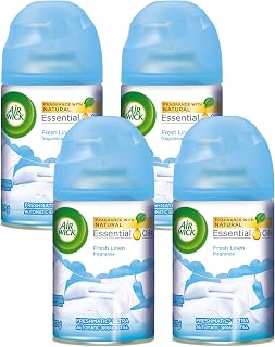 Air Wick Freshmatic 4 Refills Automatic Spray, Fresh Linen, 4ct, New Look, Same familiar smell of Fresh Laundry, Essential Oil, Odor Neutralization, Packaging May Vary