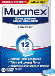 Mucinex 12Hr Max Strength Expectorant, Chest Congestion Relief, 48 Tablets (Pack of 12)