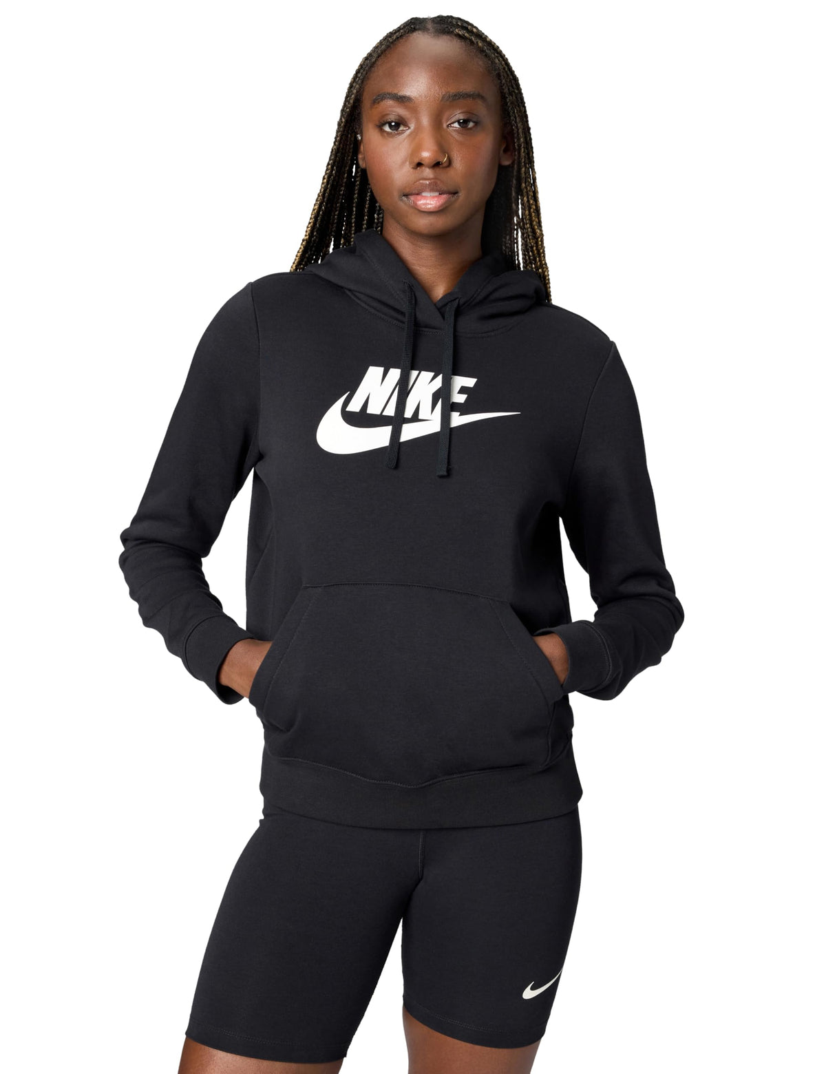 Women's Sportswear Club Fleece Logo Pullover Hoodie by Nike – Large, Cotton Blend, Black/White, Model DQ5775