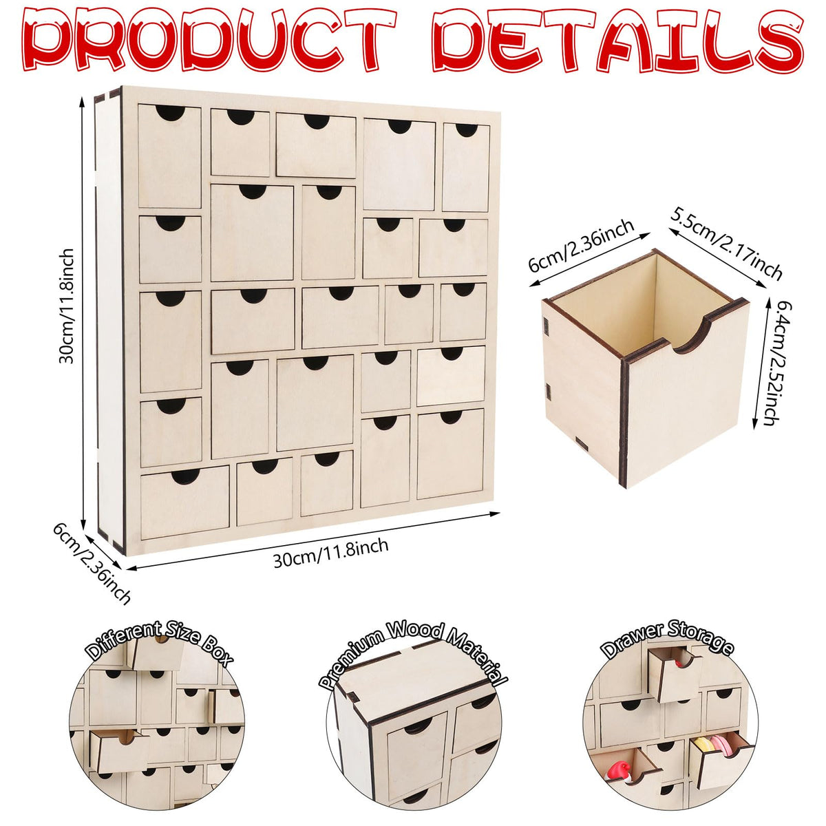 CCINEE Wooden Advent Calendar, 25 Drawers, Natural Wood