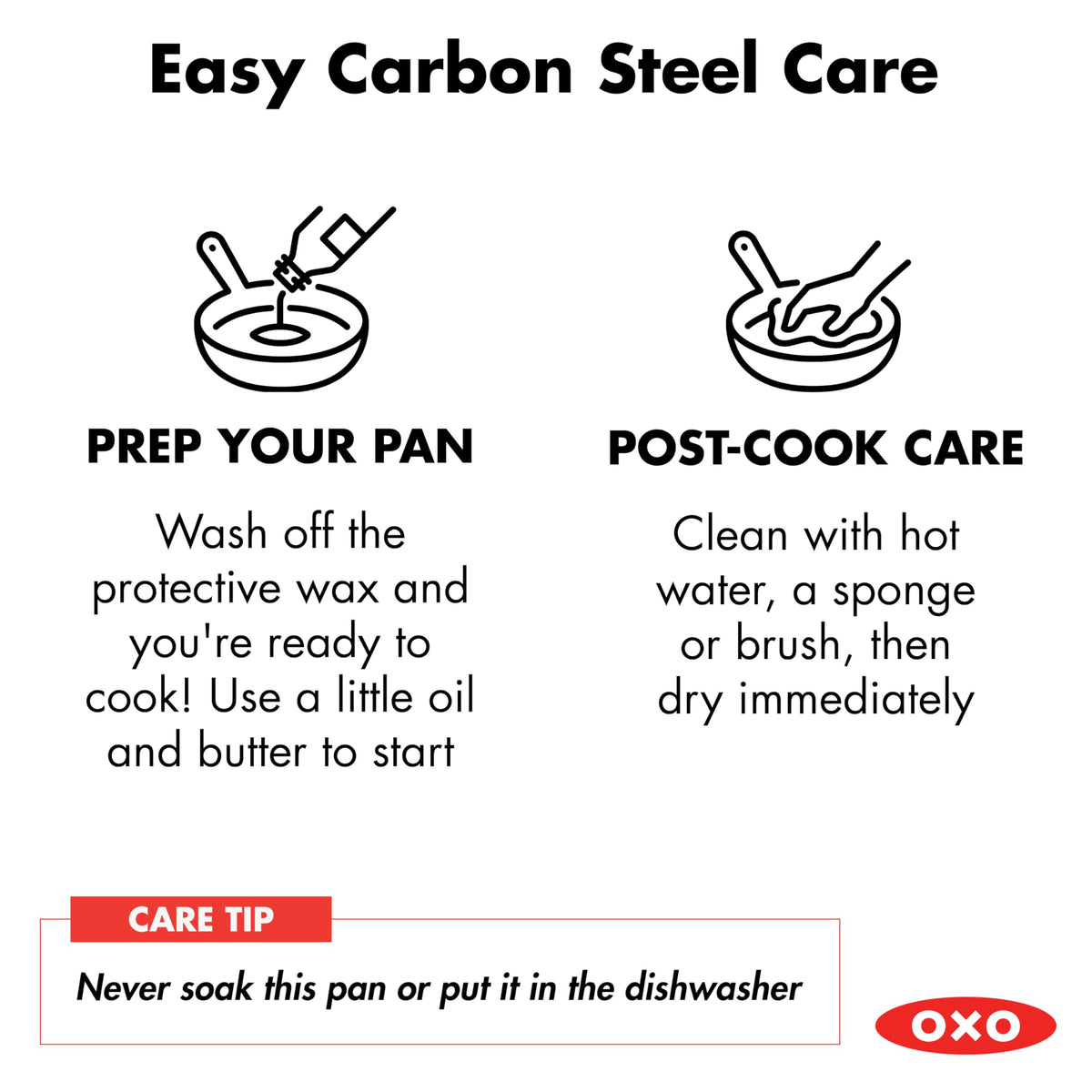 Obsidian 12" Carbon Steel Frying Pan by OXO – 12" Frying Pan Skillet (Pack of 6), 3.0 cups, Carbon Steel, Negro, Pack of 6