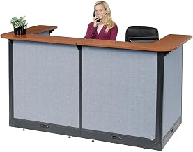 Global Industrial 88" W x 44" D x 46" H U-Shaped Electric Reception Station, Cherry Counter/Blue Panel