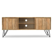 Kitchener 60" Wide Solid Wood TV Stand in Hickory Brown by SIMPLIHOME – 60 inch, Mango Wood, Refined Natural, Model AXCHUN-08