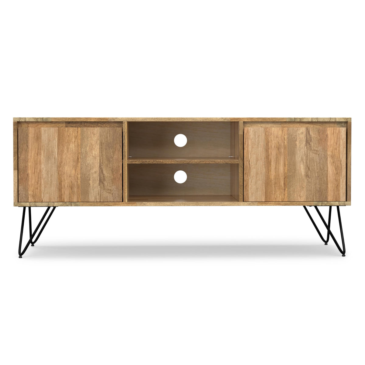 Kitchener 60" Wide Solid Wood TV Stand in Hickory Brown by SIMPLIHOME – 60 inch, Mango Wood, Refined Natural, Model AXCHUN-08