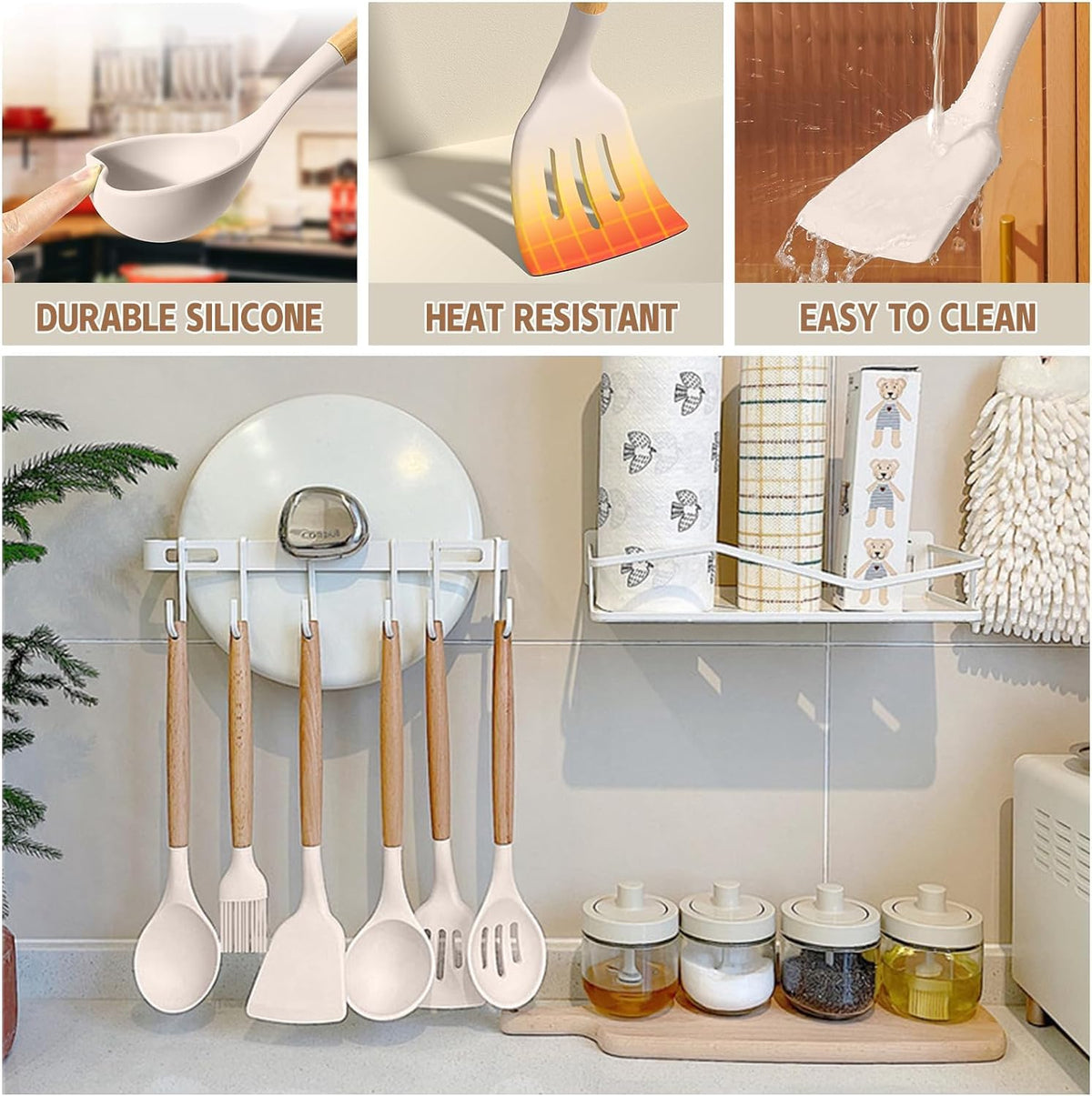 Umite Chef Silicone Utensil Set, 33 Piece with Wooden Handles, Khaki