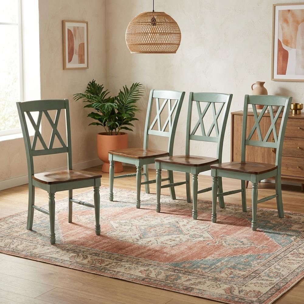 Blue Dining Chairs 4-Piece Set with Comfortable Back Support by Furnifact – Solid Rubberwood 50.00%,Mdf 40.00%,Birch Veneer 10.00%, Blue, Pack of 4