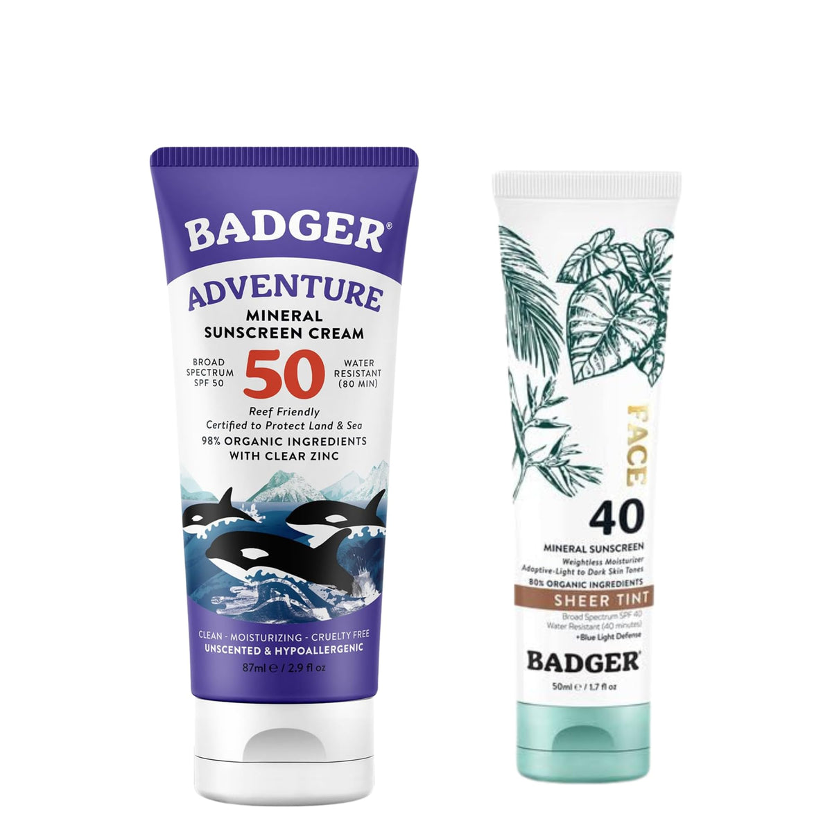 SPF 50 Adventure Mineral Sunscree + SPF 40 Tinted Face Sunscreen by Badger – Pack of 2