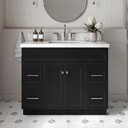 ARIEL Hamlet 42-inch Bathroom Vanity with Sink,Solid Wood, 1.5-inch Pure White Quartz Countertop & Backsplash, Single Rectangular Porcelain Sink, 2 Soft Closing Doors, 4 Dovetail Drawers, Black