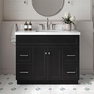 ARIEL Hamlet 42-inch Bathroom Vanity with Sink,Solid Wood, 1.5-inch Pure White Quartz Countertop & Backsplash, Single Rectangular Porcelain Sink, 2 Soft Closing Doors, 4 Dovetail Drawers, Black