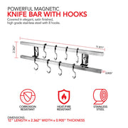 (12 Inch Stainless Steel Metal Magnetic Knife Holder by Modern Innovations – 12 Inch w/ Hooks, Stainless Steel, Silver, Model 1186