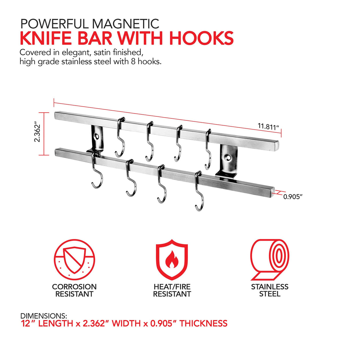 (12 Inch Stainless Steel Metal Magnetic Knife Holder by Modern Innovations – 12 Inch w/ Hooks, Stainless Steel, Silver, Model 1186