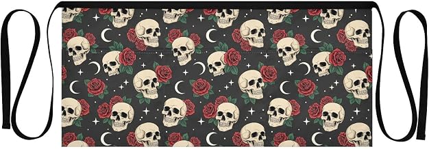 Kitchen Apron Skeleton Rose | Unisex Server Apron with 3 Pockets, Adjustable for Waiters, Gardeners, Kitchen, BBQ, Painting and Restaurant Work