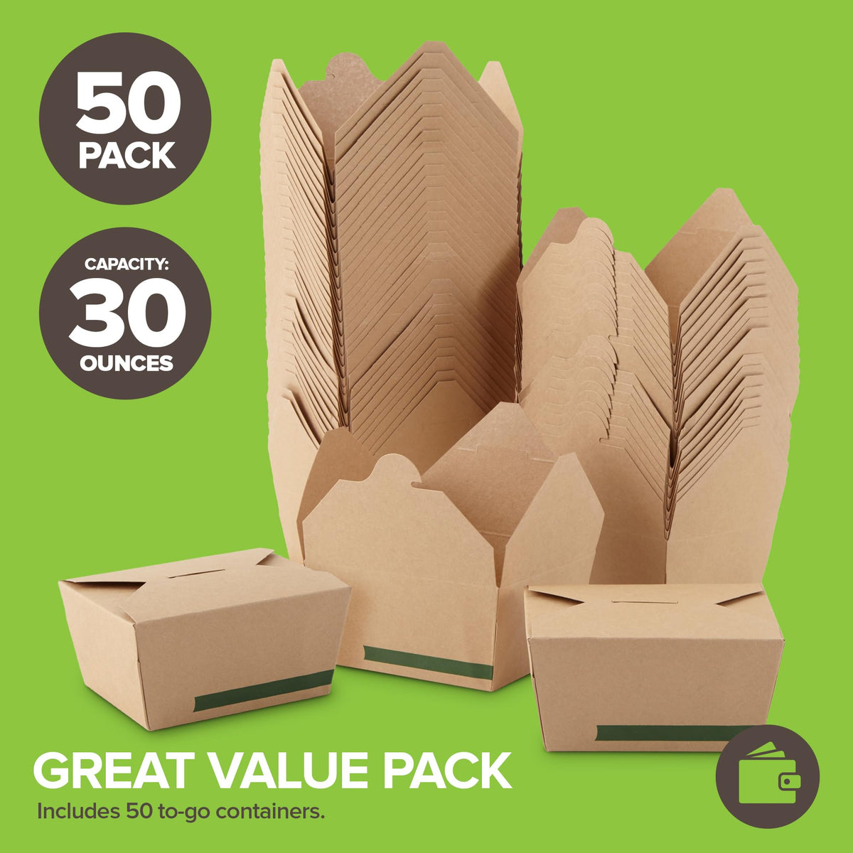 Set of 50 30 oz Food Take Out Containers Disposable Small Microwaveable Paper To Go Boxes Grease Resistant Kraft Cardboard Lunch Box Takeout by Stock Your Home – Model 2910