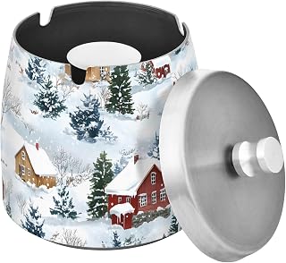 Winter House Pattern Splash Ashtray with Lid, Outdoor Ashtrays for Patio