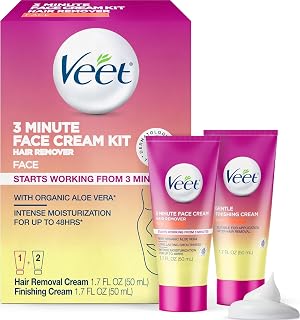 Veet 3 Minute Facial Hair Removal Cream for Women, Depilatory Cream with Organic Aloe Vera, 2 Piece Women's Facial Hair Remover Kit, 1.7 Fl Oz Remover + 1.7 Fl Oz Finishing