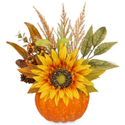 Arborus Artificial Pumpkin Arrangement, 13.7 Inch Tall, Orange Sunflower