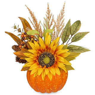 Arborus Artificial Pumpkin Arrangement, 13.7 Inch Tall, Orange Sunflower
