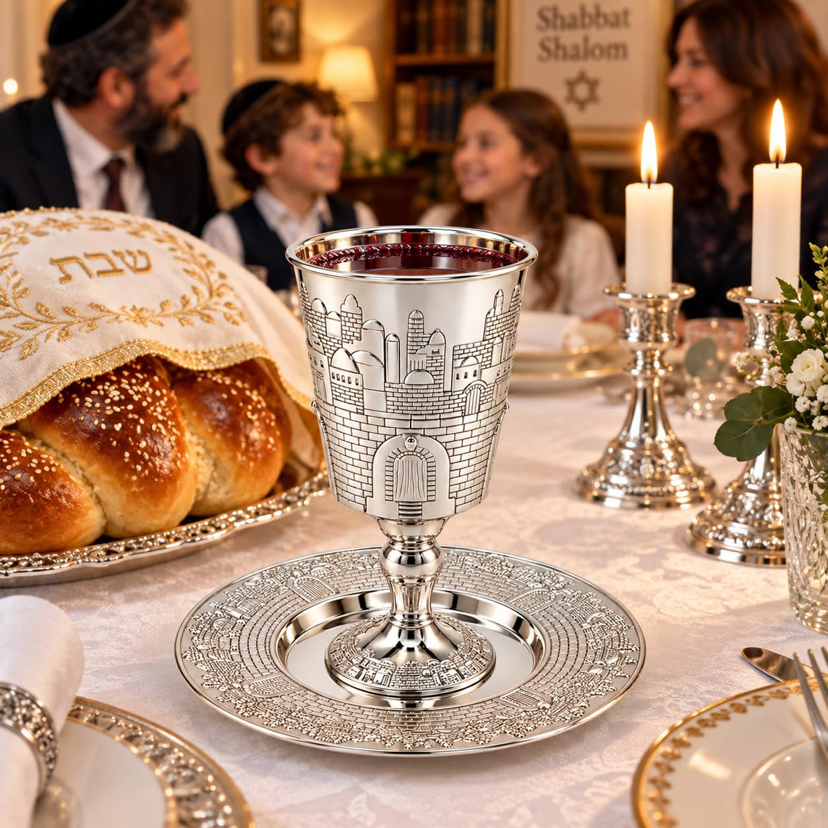 The Dreidel Company Kiddush Cup, 8 Ounces, Jerusalem Design with Leg